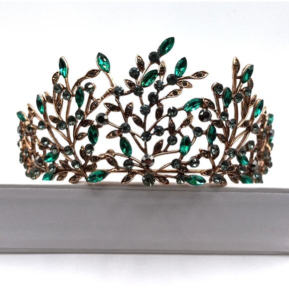 Golden Tiara Leaf with Green Glass Crystals Bridal Prom Crown Headpiece - Picture 1 of 5